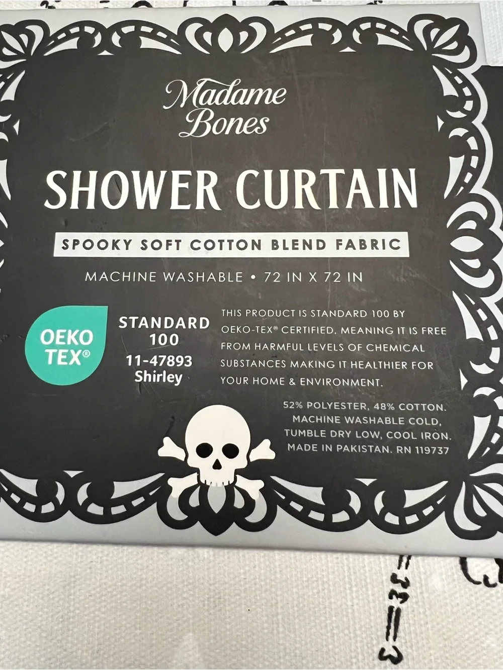 Madame Bones Cream Cotton-Blend Shower Curtain with Heart Skeleton Pattern